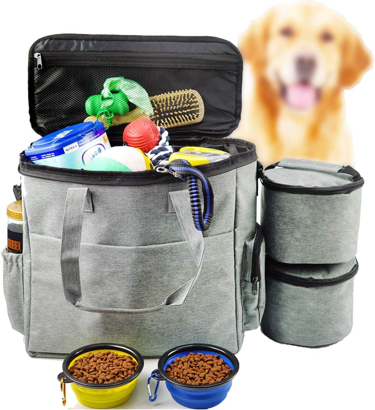Dog Travel Bag Airline Approved Travel Set for Dogs of Stores All Your Dog Accessories - Includes Travel Bag, 2X Food Storage Containers and 2X Collapsible Dog Bowls (Grey) - Majestic Pet Kingdom