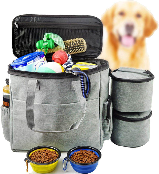 Dog Travel Bag Airline Approved Travel Set for Dogs of Stores All Your Dog Accessories - Includes Travel Bag, 2X Food Storage Containers and 2X Collapsible Dog Bowls (Grey) - Majestic Pet Kingdom