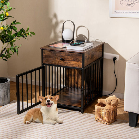 Dog Crate Furniture for Small Dogs Wooden Puppy Kennel with Charging Station-Rustic Brown | Purrfect Pet Kingdom