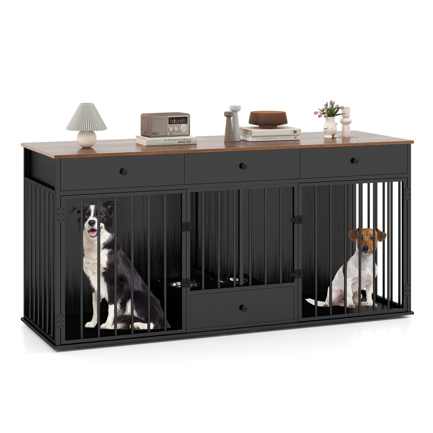 Dog Crate Furniture Indoor Modern Dog Kennel with Divider 3 Drawers and Pull-out Feeder