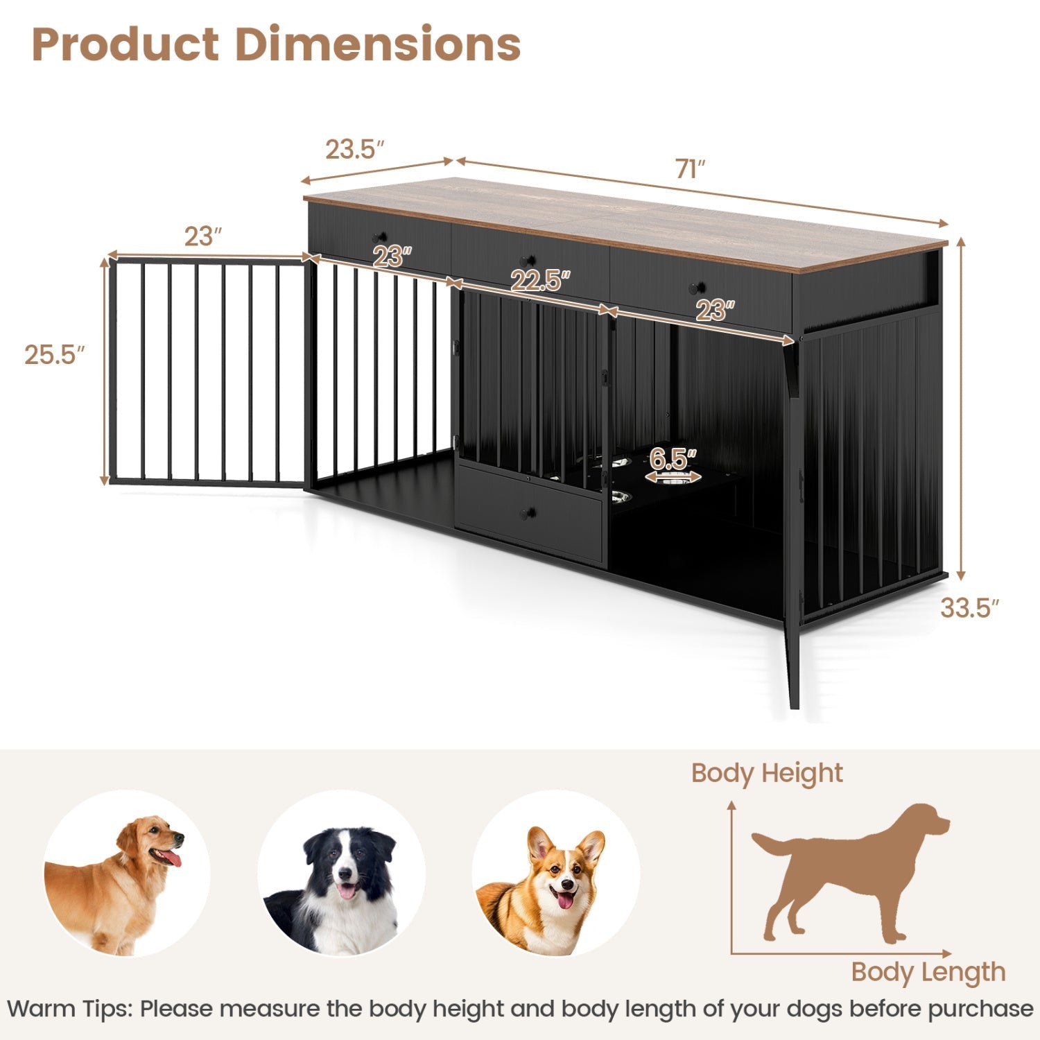 Dog Crate Furniture Indoor Modern Dog Kennel with Divider 3 Drawers and Pull-out Feeder