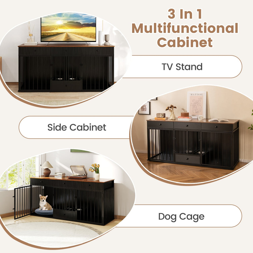 Dog Crate Furniture Indoor Modern Dog Kennel with Divider 3 Drawers and Pull-out Feeder