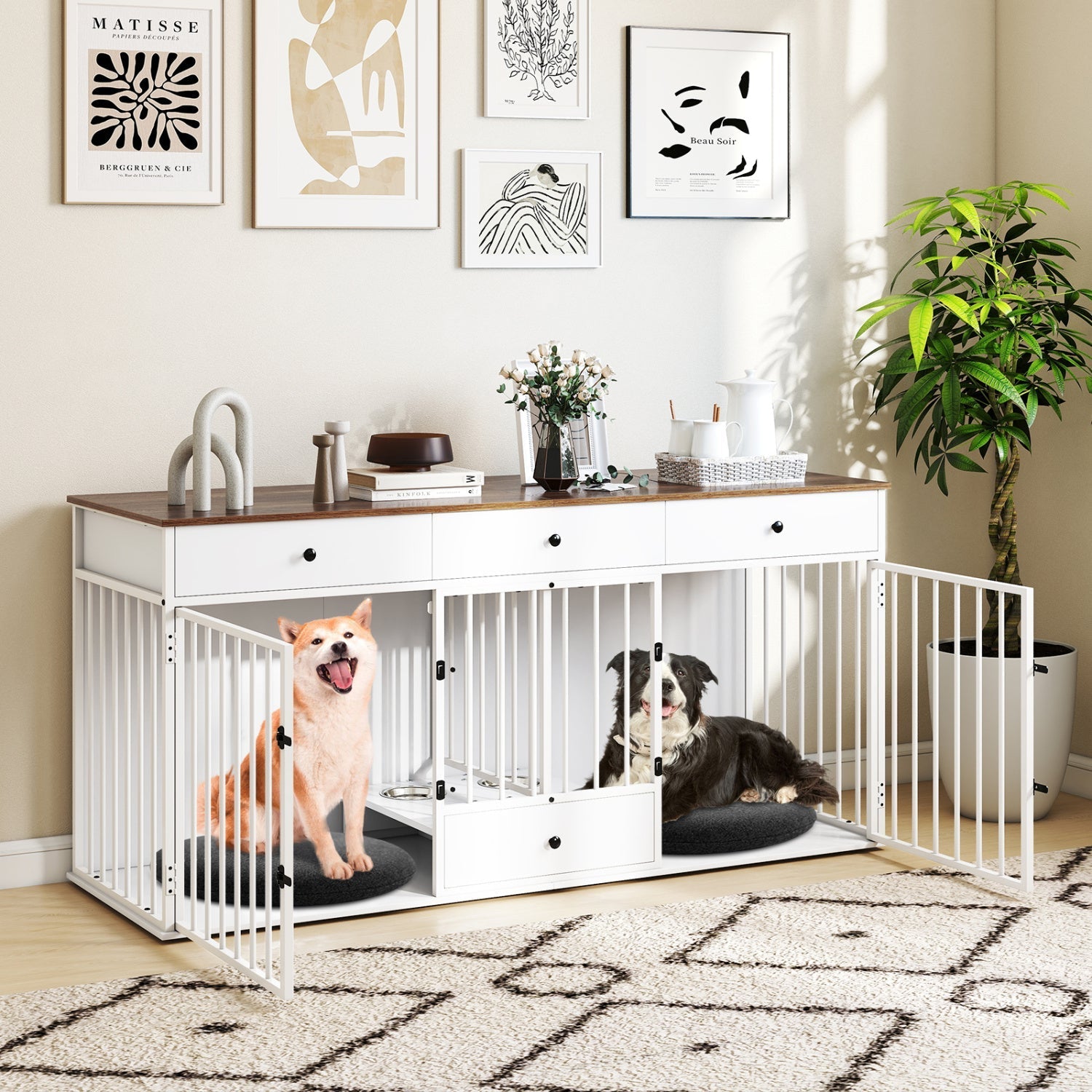 Dog Crate Furniture Indoor Modern Dog Kennel with Divider 3 Drawers and Pull-out Feeder