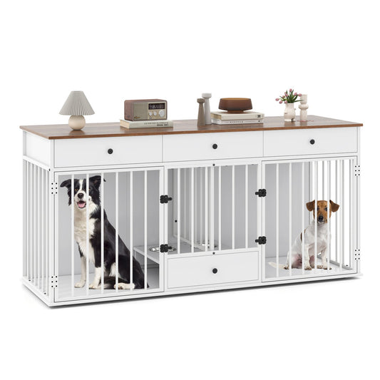 Dog Crate Furniture Indoor Modern Dog Kennel with Divider 3 Drawers and Pull-out Feeder | Purrfect Pet Kingdom