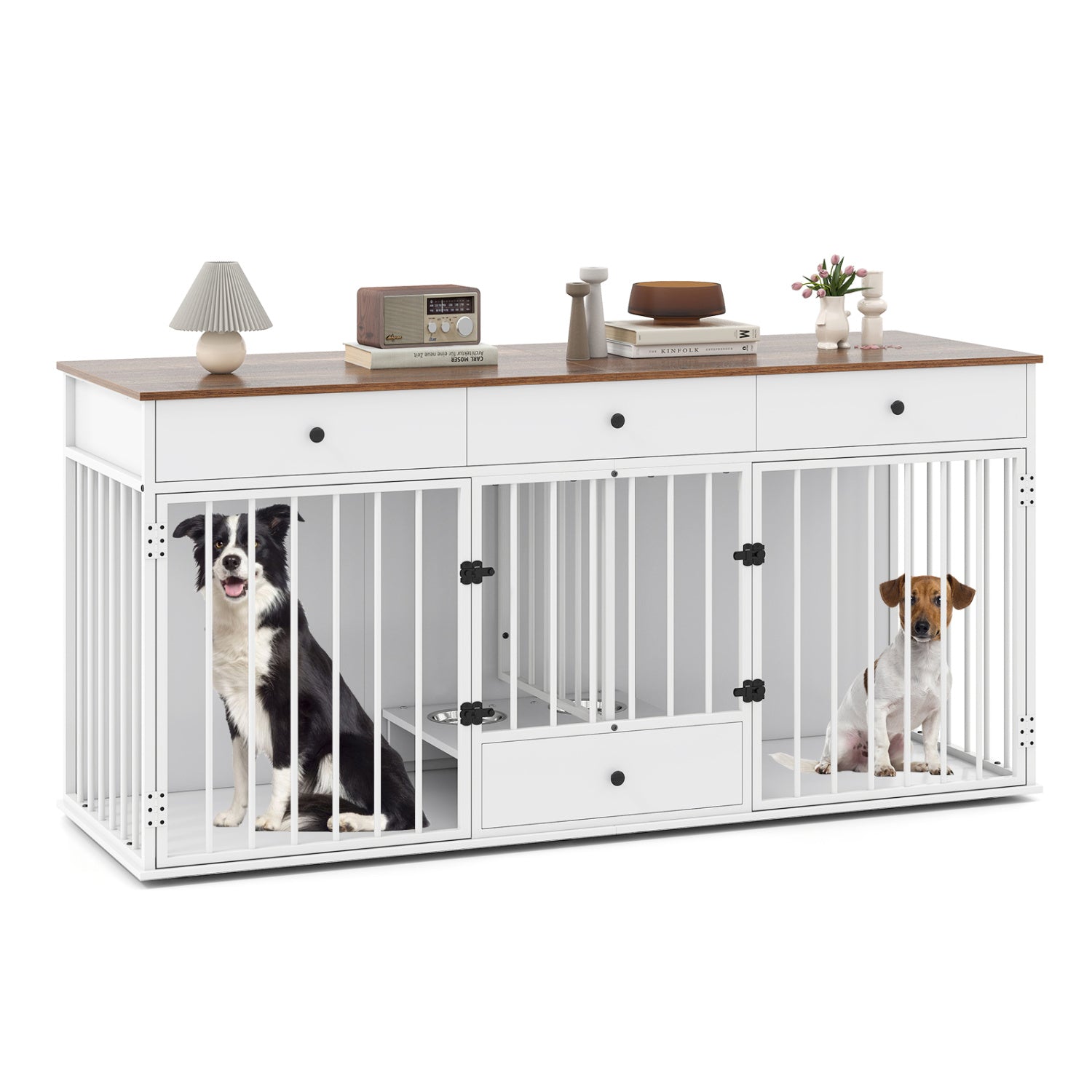 Dog Crate Furniture Indoor Modern Dog Kennel with Divider 3 Drawers and Pull-out Feeder
