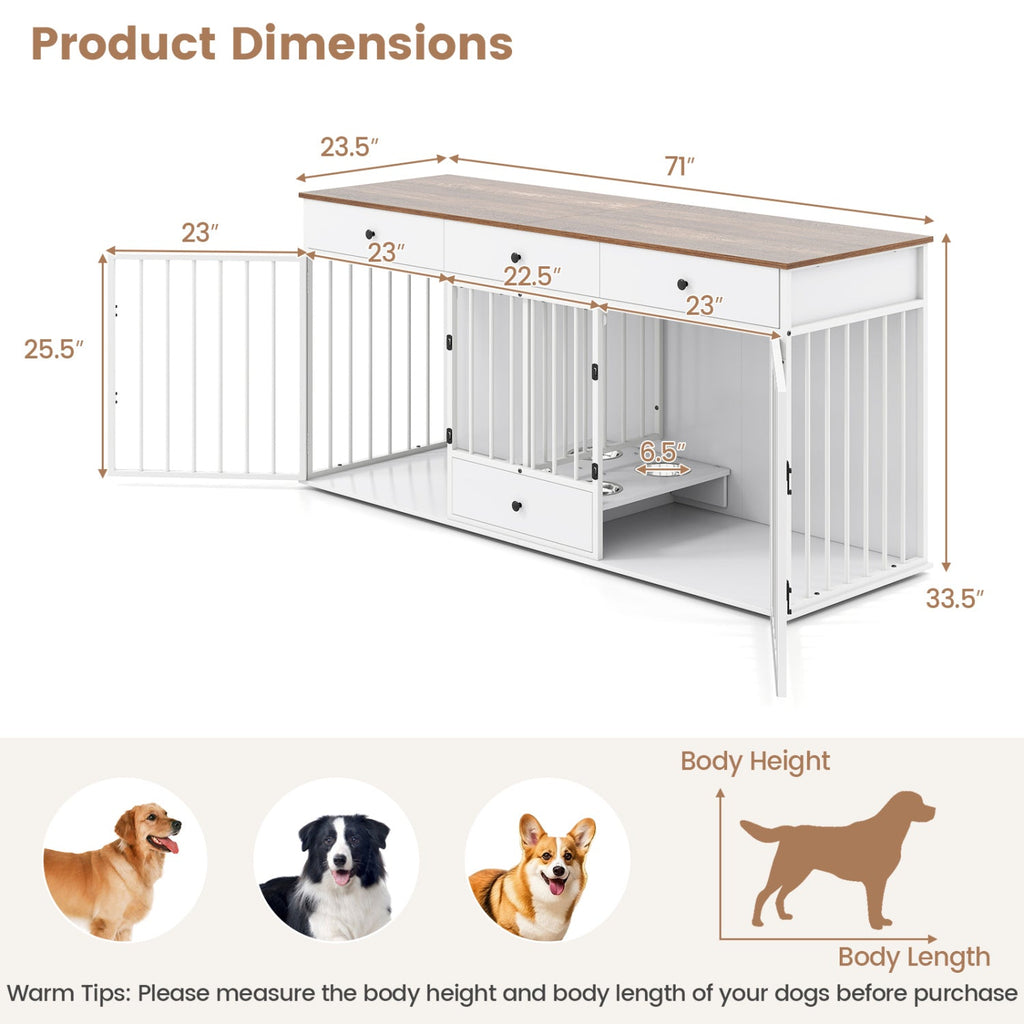 Dog Crate Furniture Indoor Modern Dog Kennel with Divider 3 Drawers and Pull-out Feeder