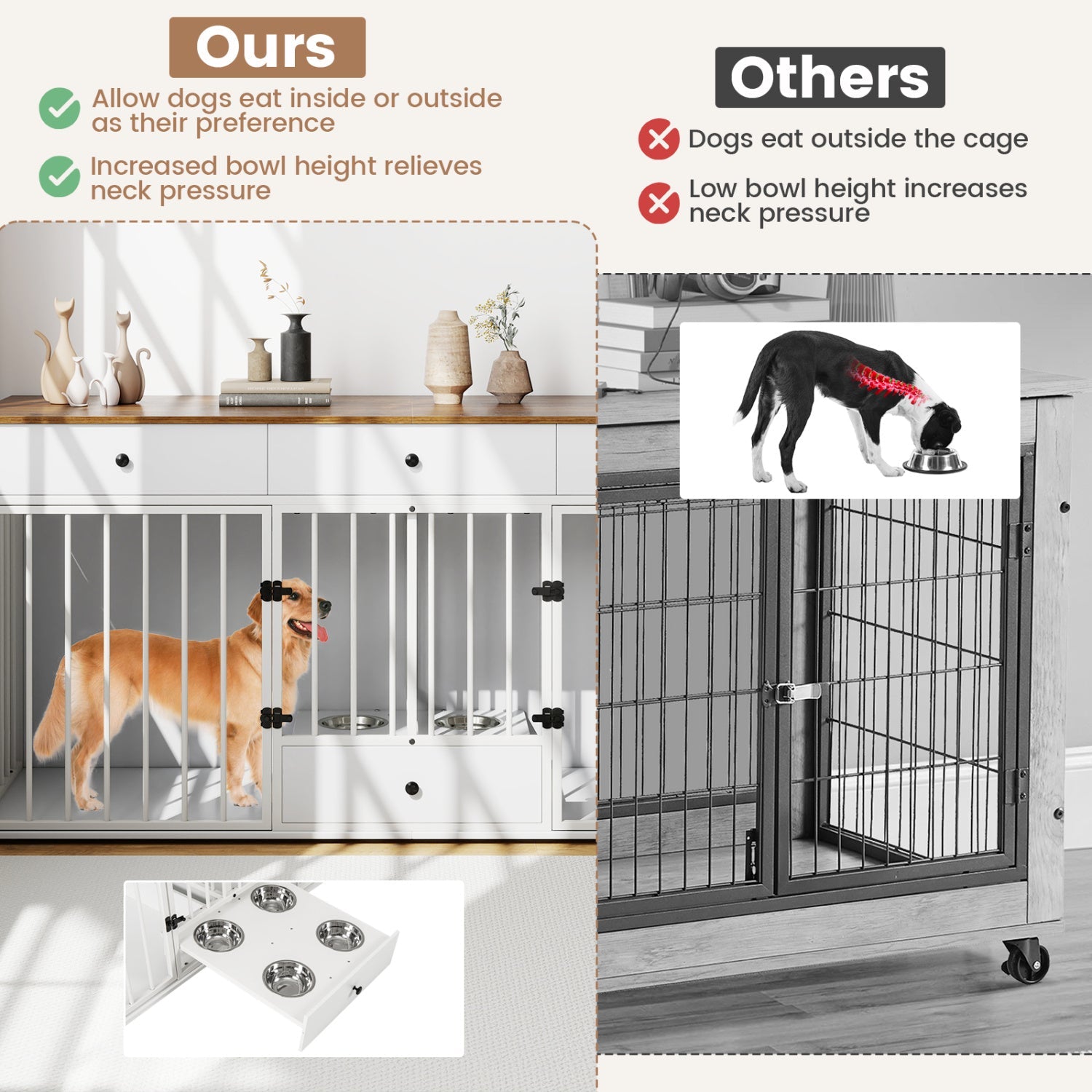 Dog Crate Furniture Indoor Modern Dog Kennel with Divider 3 Drawers and Pull-out Feeder