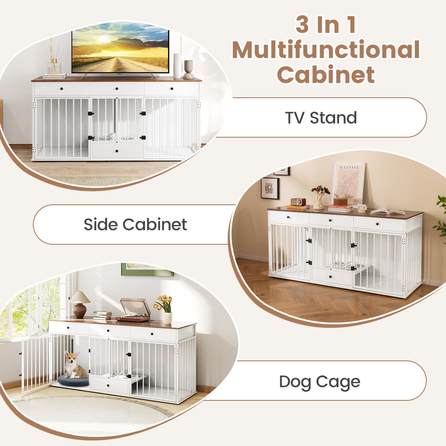 Dog Crate Furniture Indoor Modern Dog Kennel with Divider 3 Drawers and Pull-out Feeder