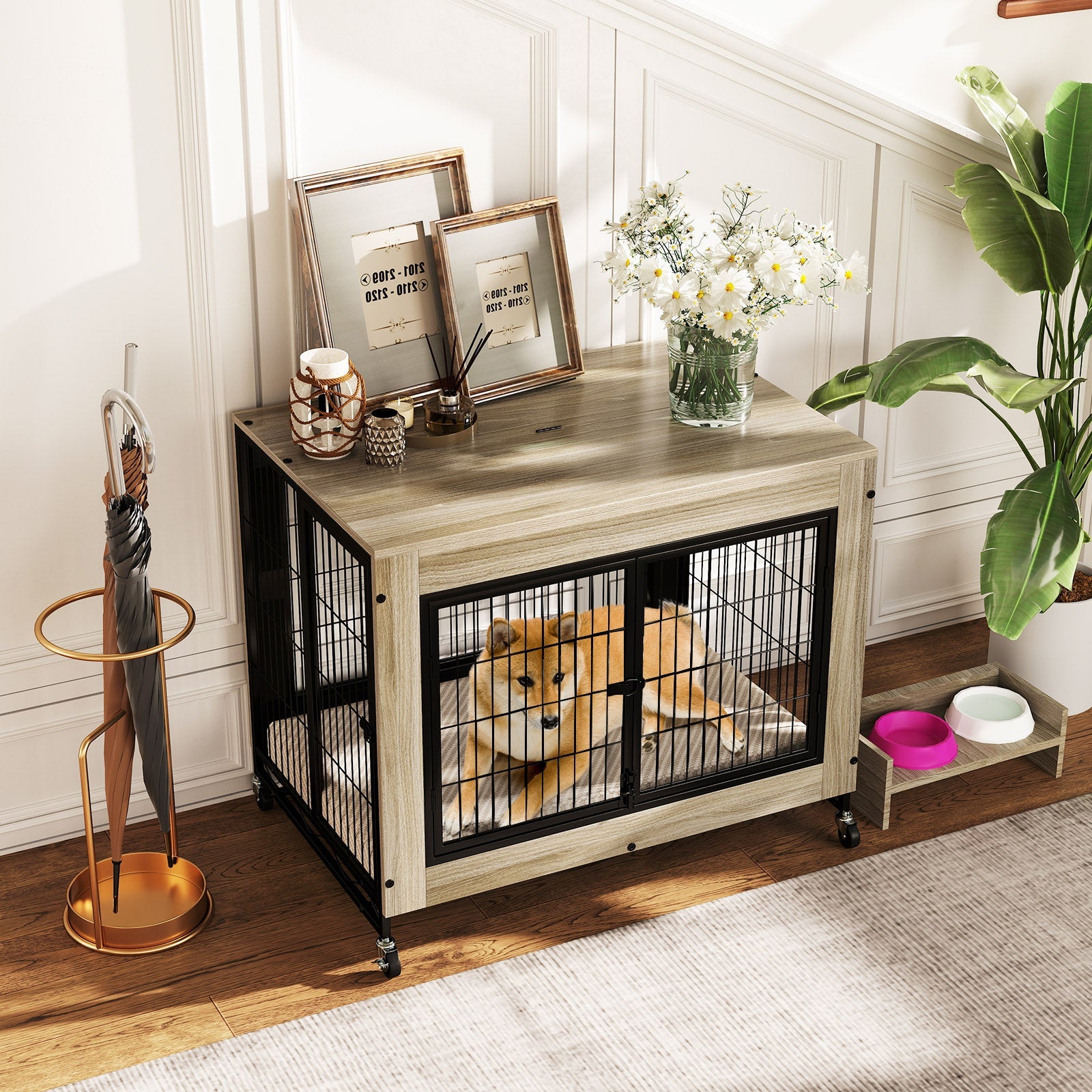 Industrial Dog Kennel with Flip-up Top 3 Lockable Doors and Removable Tray-Gray | Purrfect Pet Kingdom