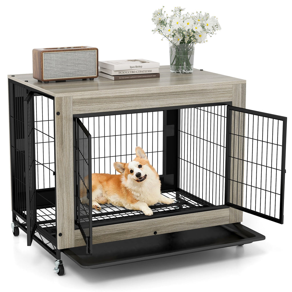 Industrial Dog Kennel with Flip-up Top 3 Lockable Doors and Removable Tray-Gray | Purrfect Pet Kingdom