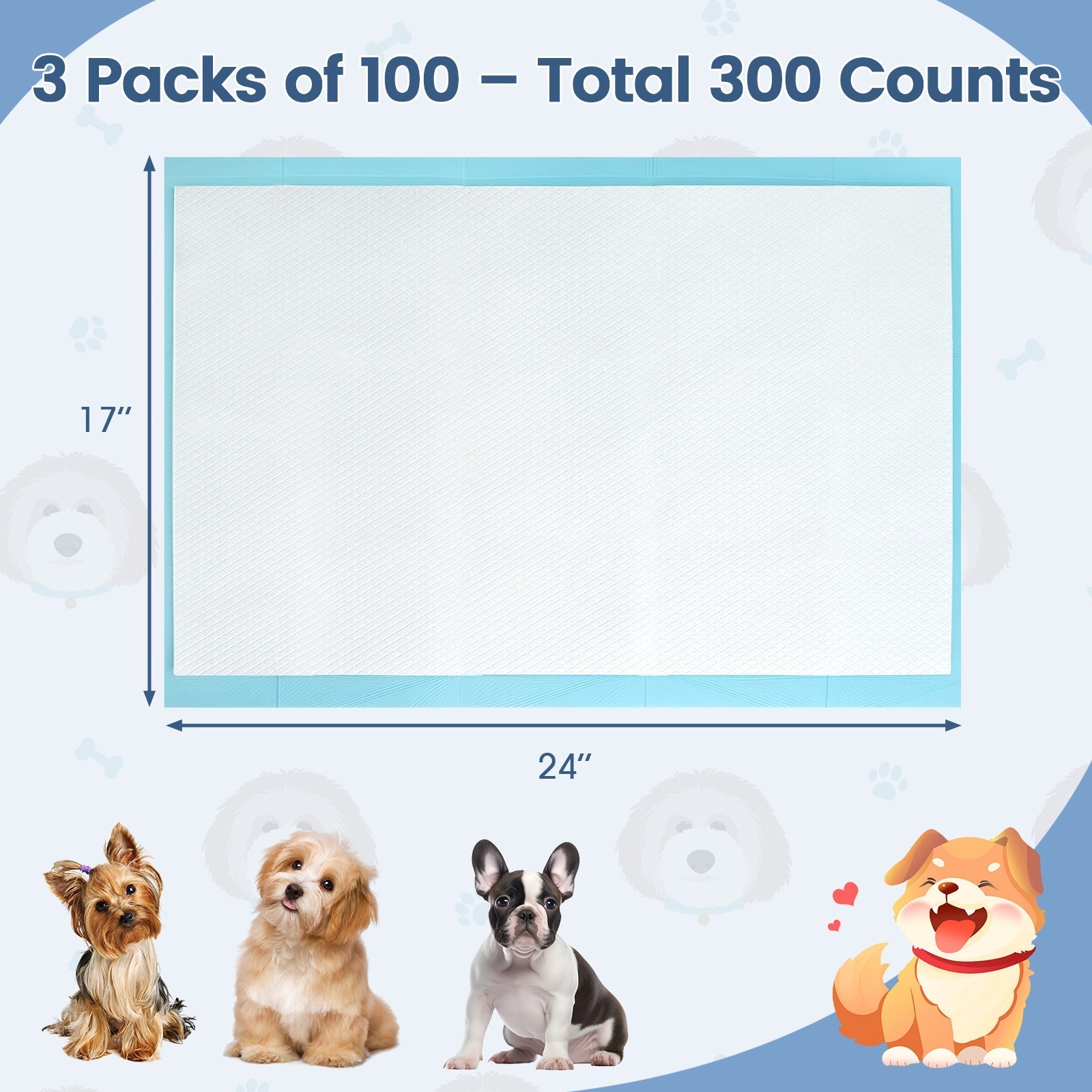 Dog and Puppy Pee Pads 24" x 17" (300 Counts) for Potty Training-Blue - Majestic Pet Kingdom