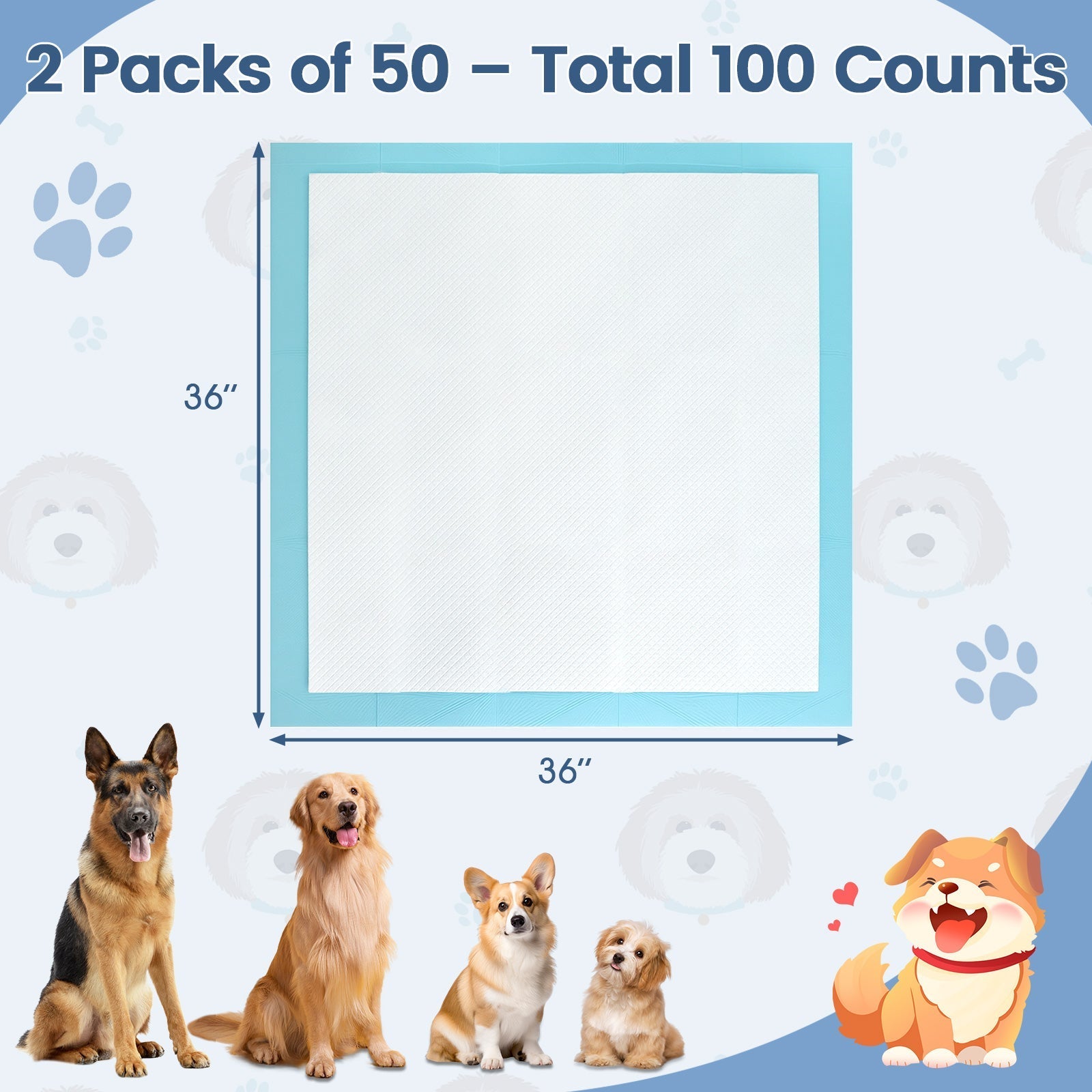 Dog and Puppy Pee Pads 36" x 36" (100 Counts) for Potty Training-Blue - Majestic Pet Kingdom