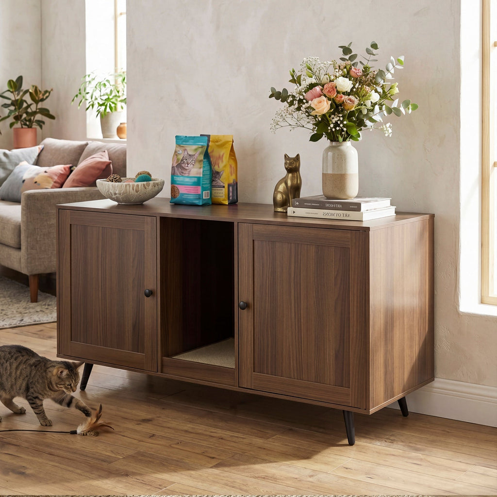 Double Cat Litter Box Enclosure with Scratching Pad