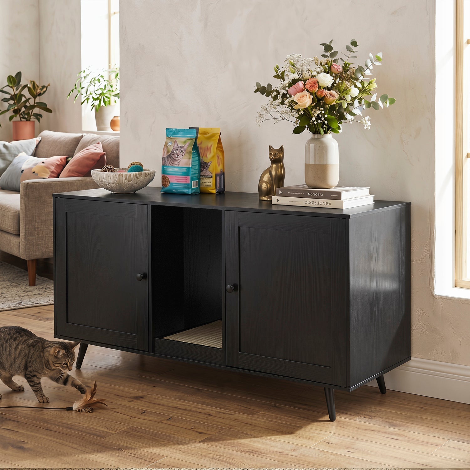 Double Cat Litter Box Enclosure with Scratching Pad
