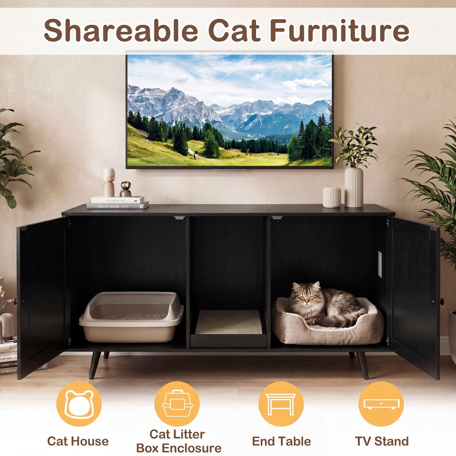 Double Cat Litter Box Enclosure with Scratching Pad