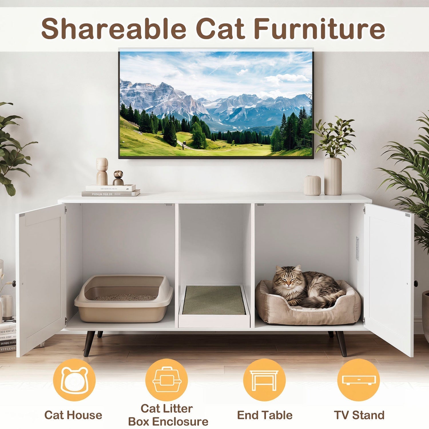 Double Cat Litter Box Enclosure with Scratching Pad