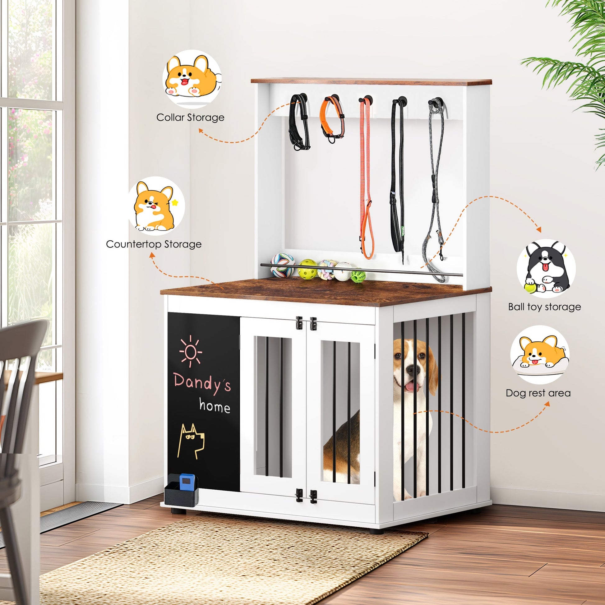 Dog Crate Furniture Large Heavy Duty Wooden Cage Double Door White - Detail Angle 4 | Majestic Pet Kingdom