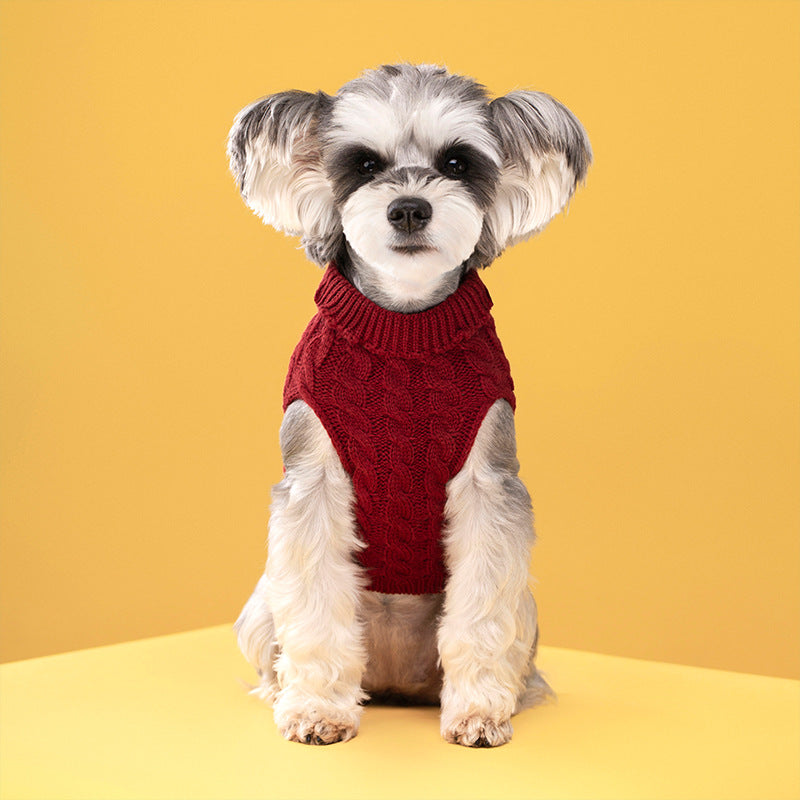Autumn and winter pet dog cat warm solid color classic Fried Dough Twists sweater thickened turtleneck sweater - Majestic Pet Kingdom