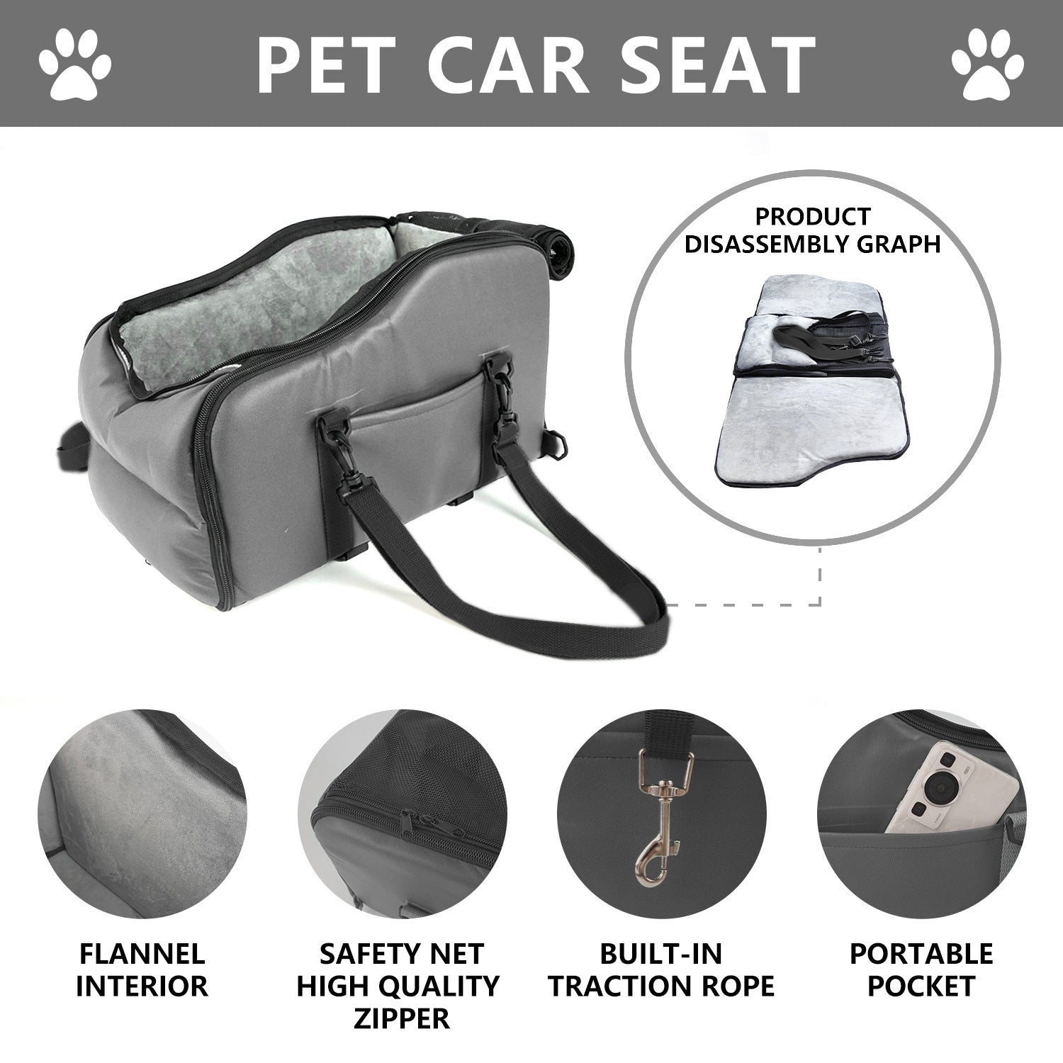 Dog Car Seat Center Console Booster Bed Portable Travel Mat - Detail Angle 2 | Majestic Pet Kingdom