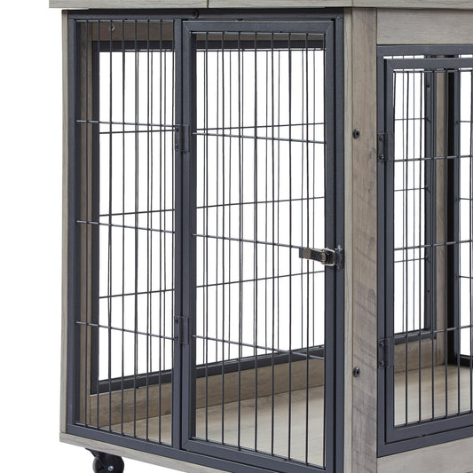 Furniture Style Dog Crate Side Table on Wheels with Double Doors and Lift Top.Grey,38.58''w x 25.5''d x 27.36''h | Purrfect Pet Kingdom