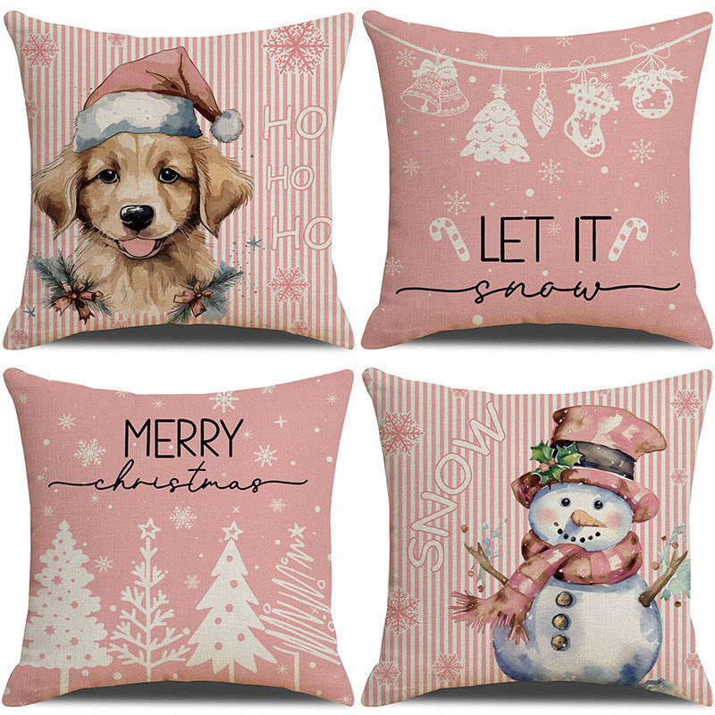 Pink Dog Christmas Snowman Pillow Cover Home Sofa Cushion Cover Holiday Pillow