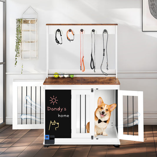 Dog crate,Graffiti dog cage, kennel with double doors, crate interior furniture, heavy wooden dog cage, large dog, white | Purrfect Pet Kingdom