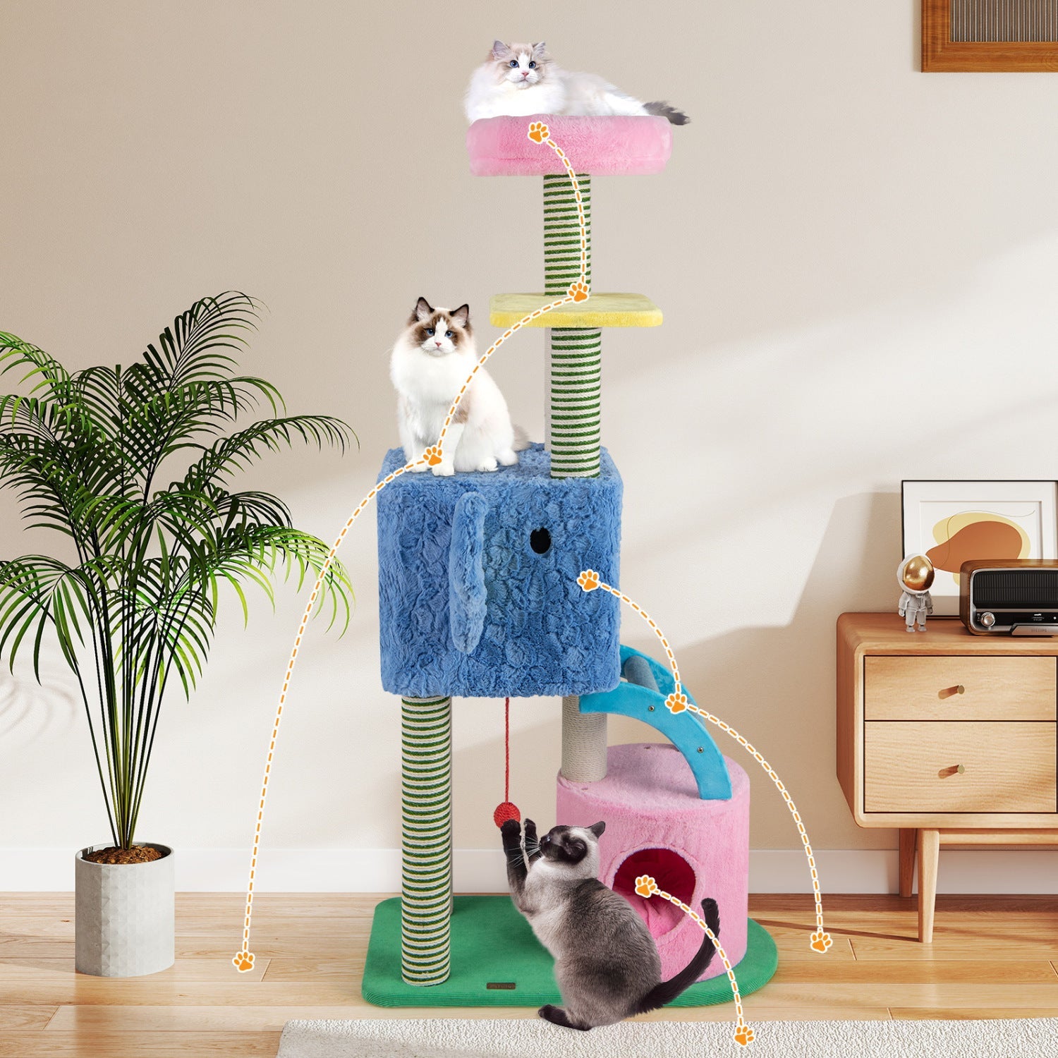 Elephant Themed Cat Tree for Adult Cats Multi-level Kitty Tower with 2 Condos - Majestic Pet Kingdom