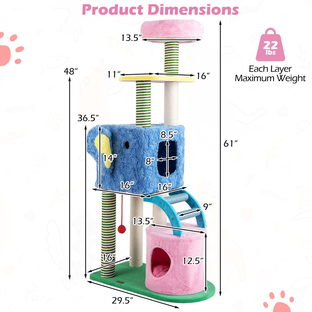 Elephant Themed Cat Tree for Adult Cats Multi-level Kitty Tower with 2 Condos - Majestic Pet Kingdom