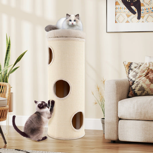 49 Inch Elevated Cat Cave 4-Story Cat House for Multiple Cats-Beige - Majestic Pet Kingdom