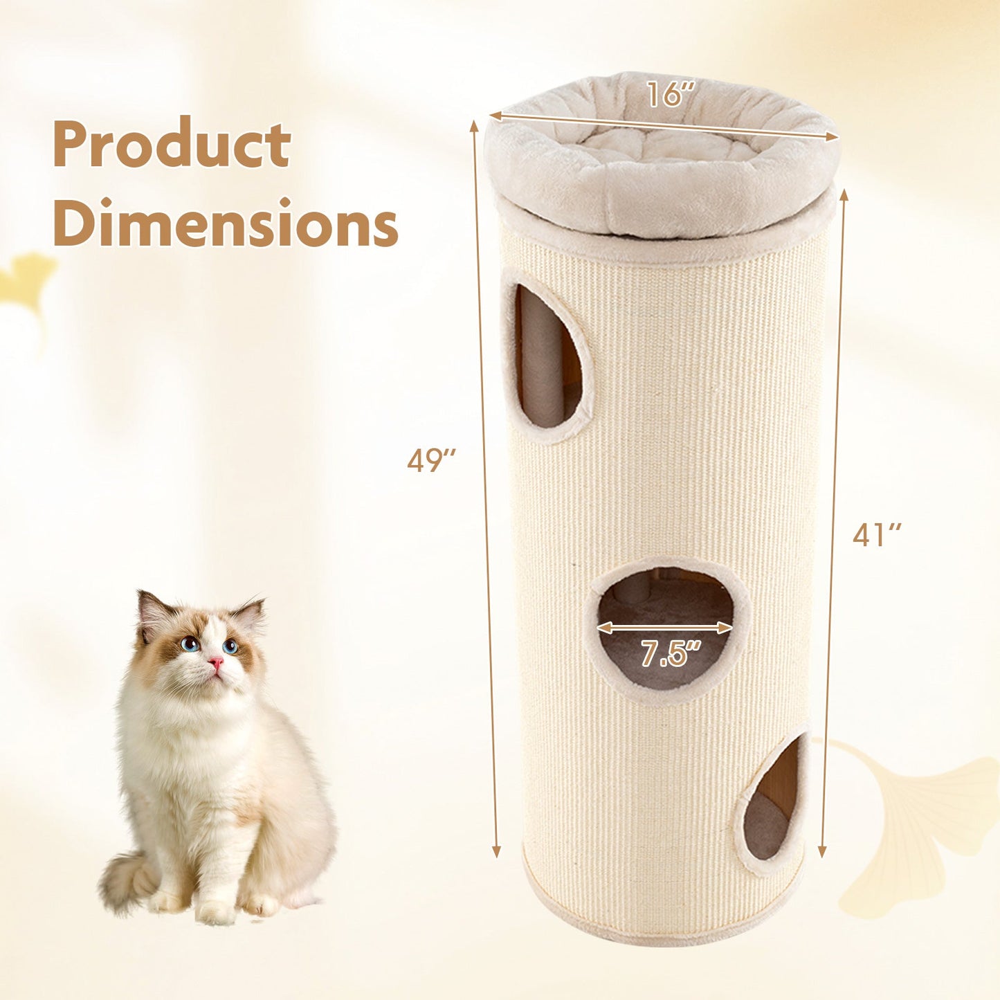 49 Inch Elevated Cat Cave 4-Story Cat House for Multiple Cats-Beige | Purrfect Pet Kingdom