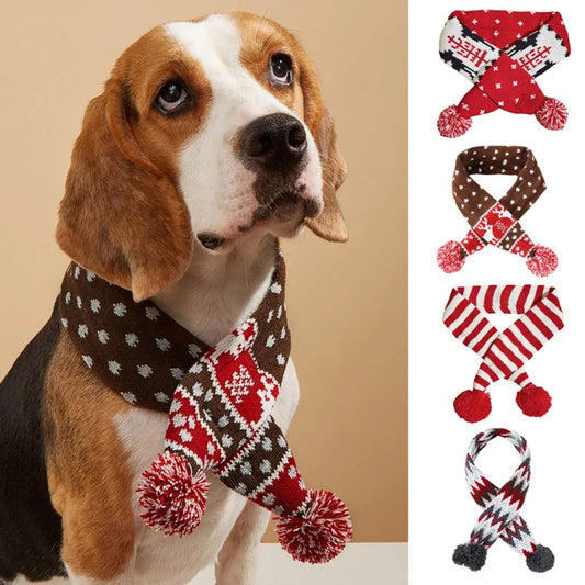 Christmas Dog Scarf Knitted Elk Scarf Striped Hair Ball Pet Scarf Outdoor Winter Warm Cat Dog Scarves Puppy Collar Pet Supplies - Detail Angle 2 | Majestic Pet Kingdom