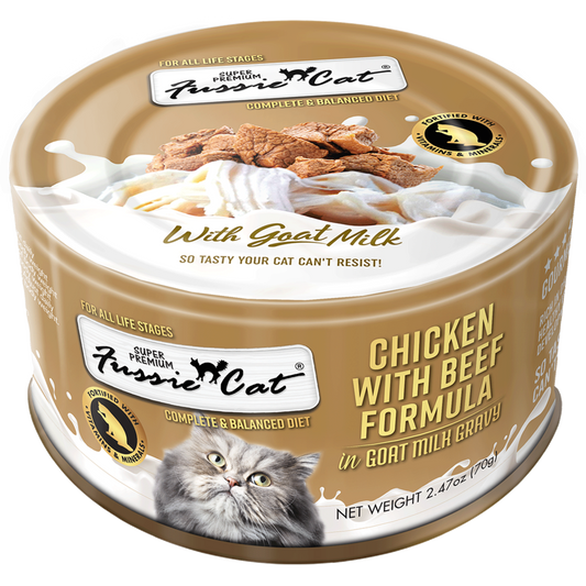 Fussie Cat Chicken & Beef In Goat Milk Cat Can (2.47oz) - Majestic Pet Kingdom