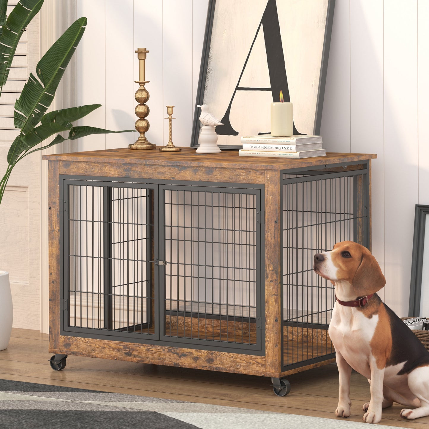Dog Crate Furniture 38.5in Wooden Kennel Double Door End Table - Detail Angle 2 | Majestic Pet Kingdom