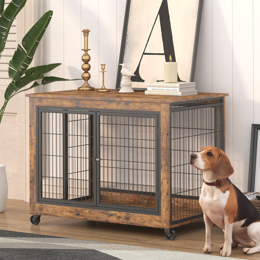 Dog Crate Furniture 38.5in Wooden Kennel Double Door End Table - Detail Angle 2 | Majestic Pet Kingdom