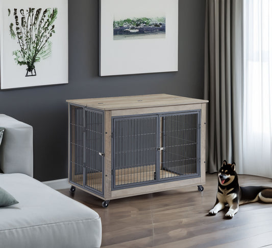 Furniture Style Dog Crate Side Table on Wheels with Double Doors and Lift Top.Grey,38.58''w x 25.5''d x 27.36''h | Purrfect Pet Kingdom