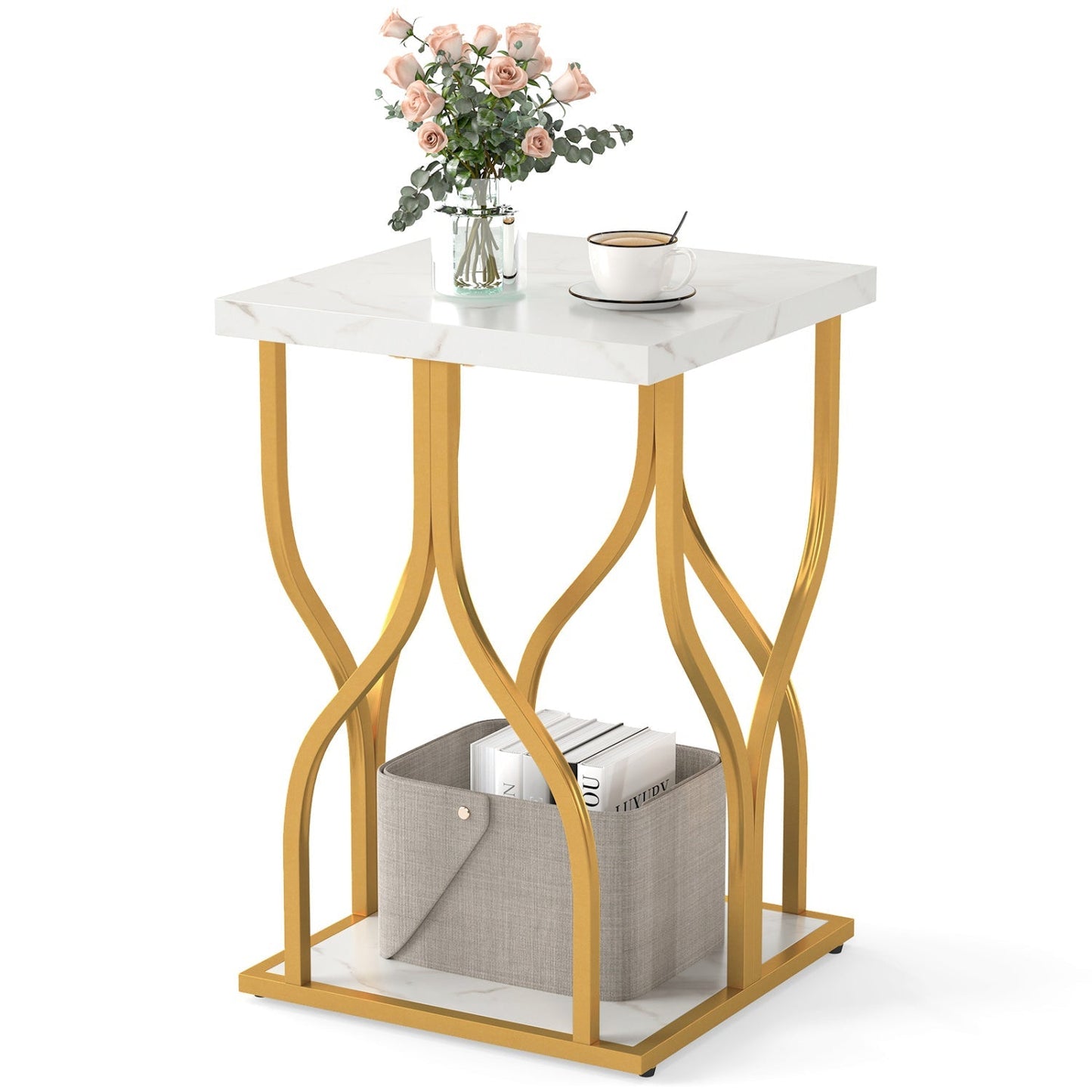 Faux Marble Bedside Night Stand with Petal-Inspired Metal Frame
