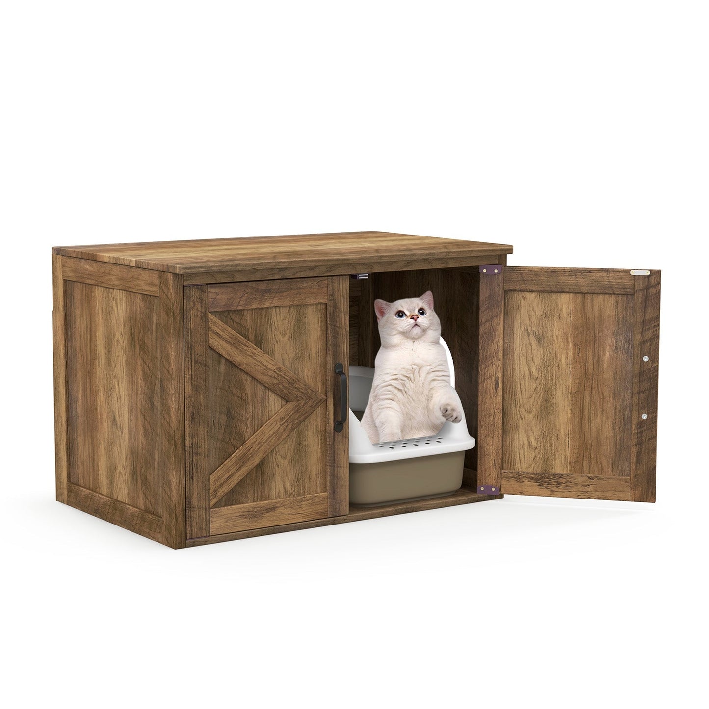 Cat Litter Box Enclosure Flip-Top Double Barn Doors Cabinet - Detail Angle 3 | Majestic Pet Kingdom