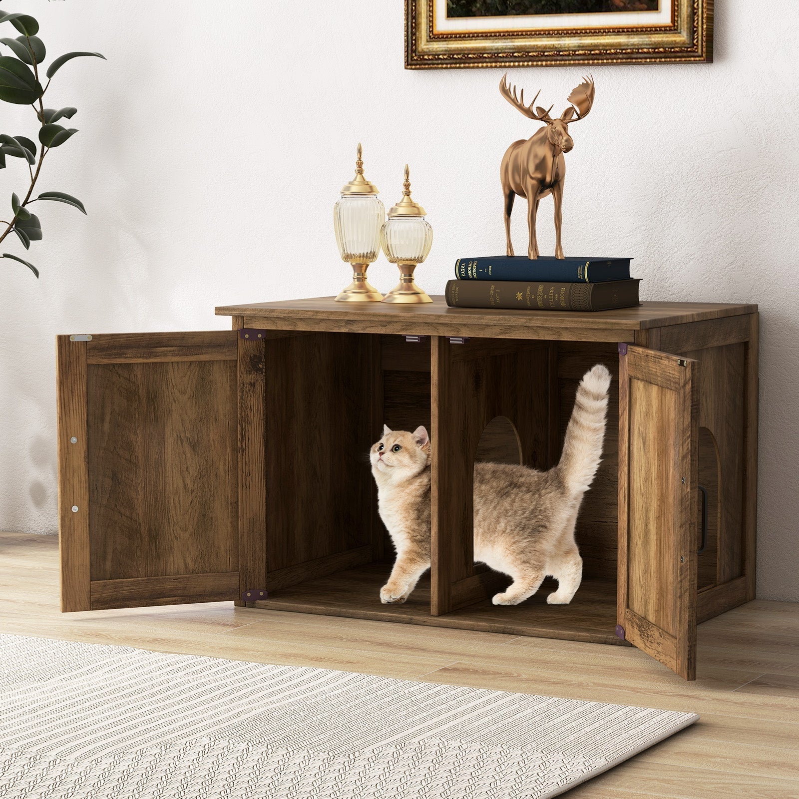 Cat Litter Box Enclosure Flip-Top Double Barn Doors Cabinet - Detail Angle 6 | Majestic Pet Kingdom
