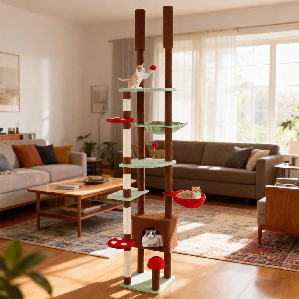 Floor to Ceiling Cat Tree Adjustable Mushroom Themed with Condo and Hammock-Brown - Majestic Pet Kingdom
