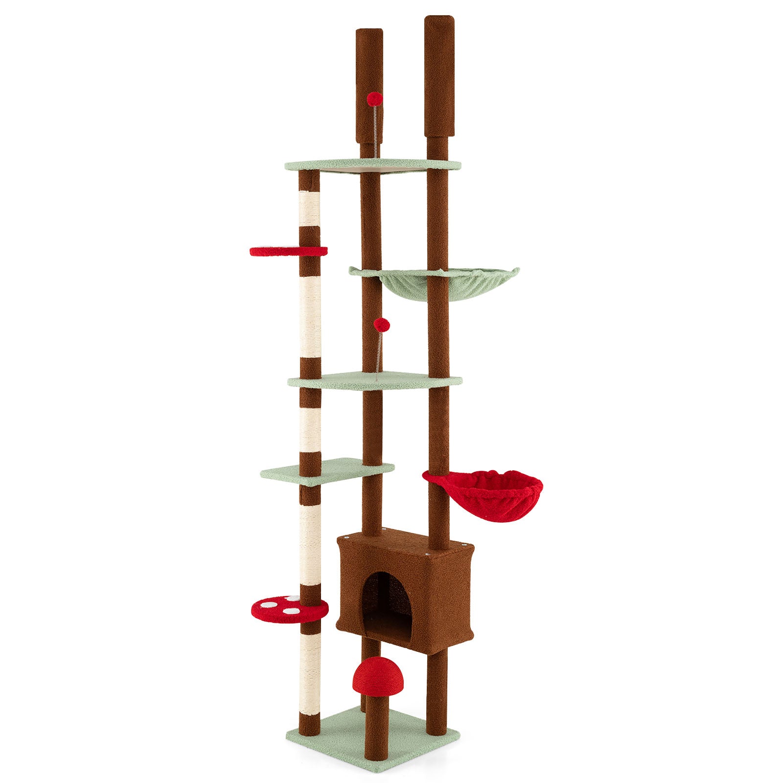 Floor to Ceiling Cat Tree Adjustable Mushroom Themed with Condo and Hammock-Brown - Majestic Pet Kingdom