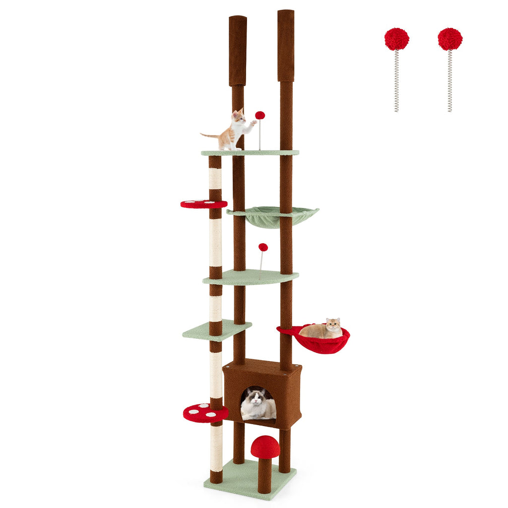 Floor to Ceiling Cat Tree Adjustable Mushroom Themed with Condo and Hammock-Brown - Majestic Pet Kingdom