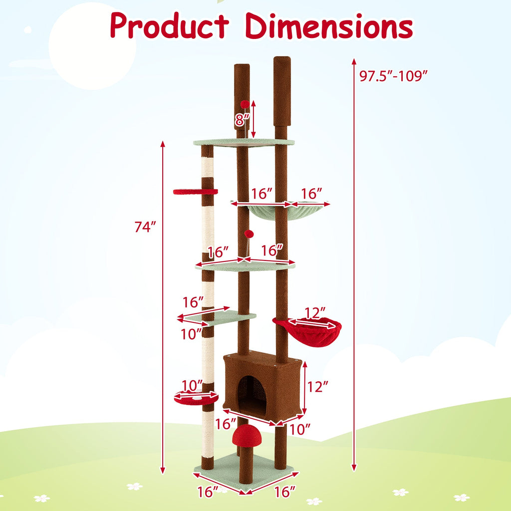 Floor to Ceiling Cat Tree Adjustable Mushroom Themed with Condo and Hammock-Brown - Majestic Pet Kingdom