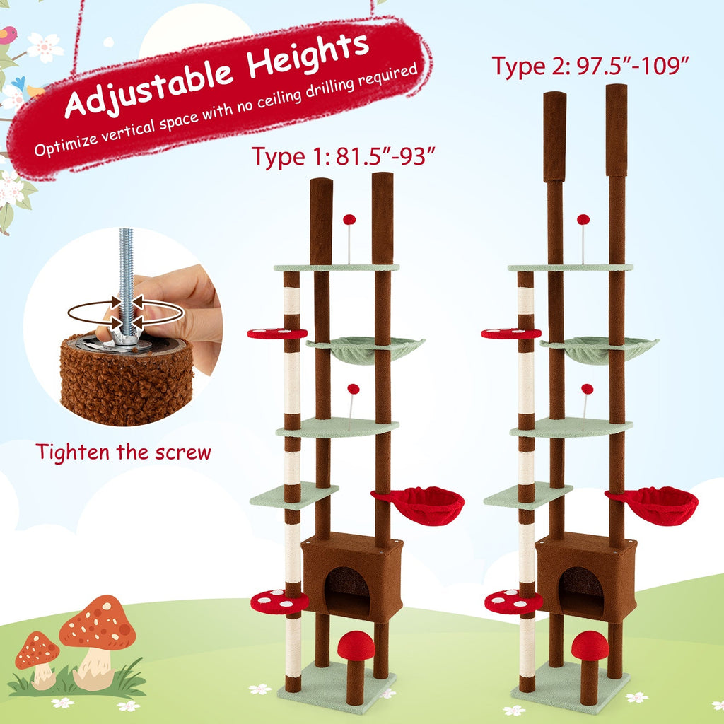 Floor to Ceiling Cat Tree Adjustable Mushroom Themed with Condo and Hammock-Brown - Majestic Pet Kingdom