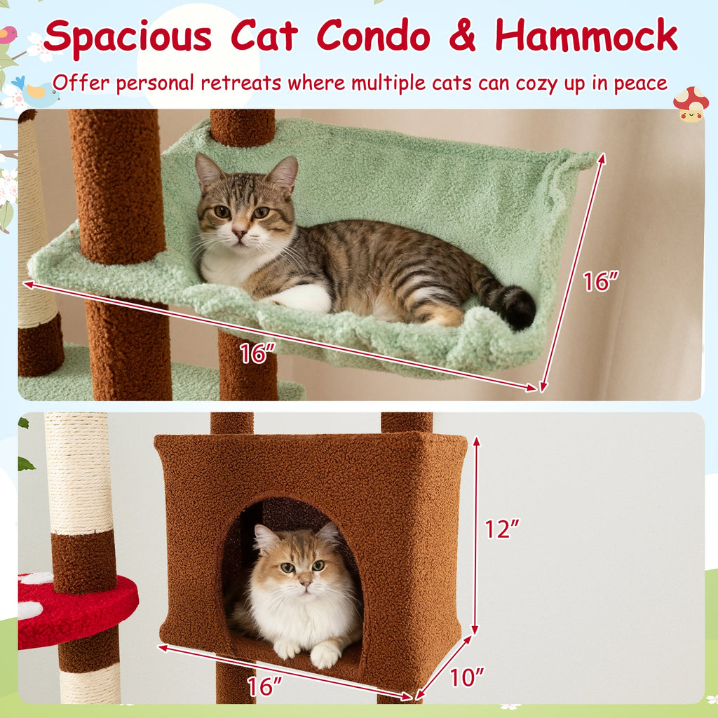 Floor to Ceiling Cat Tree Adjustable Mushroom Themed with Condo and Hammock-Brown - Majestic Pet Kingdom