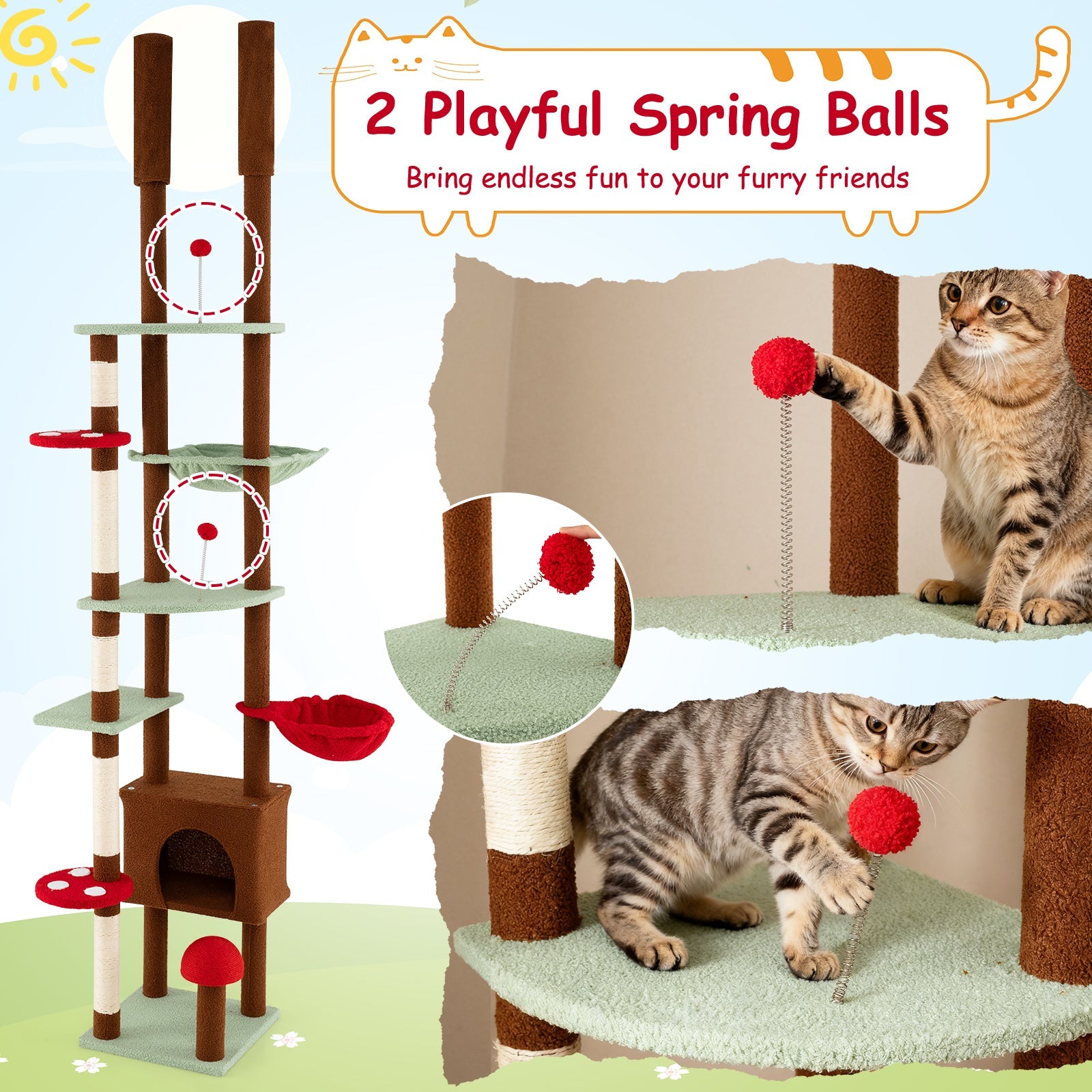 Floor to Ceiling Cat Tree Adjustable Mushroom Themed with Condo and Hammock-Brown - Majestic Pet Kingdom