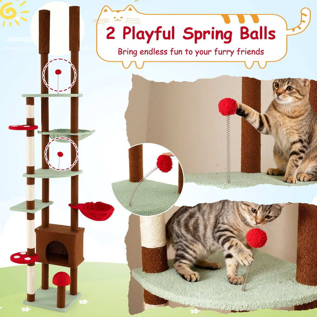 Floor to Ceiling Cat Tree Adjustable Mushroom Themed with Condo and Hammock-Brown - Majestic Pet Kingdom