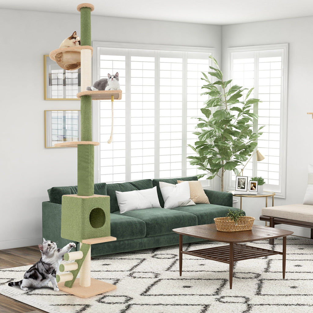 Floor to Ceiling Cat Tree with 86-99.5 Inch Adjustable Height and Extra Post-Green - Majestic Pet Kingdom