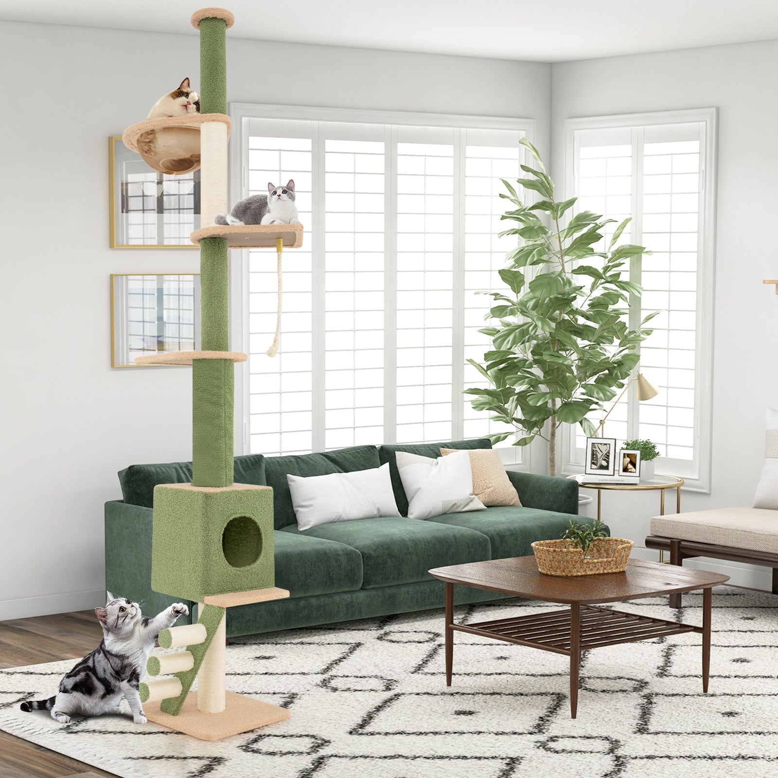 Floor to Ceiling Cat Tree with 86-99.5 Inch Adjustable Height and Extra Post-Green - Majestic Pet Kingdom