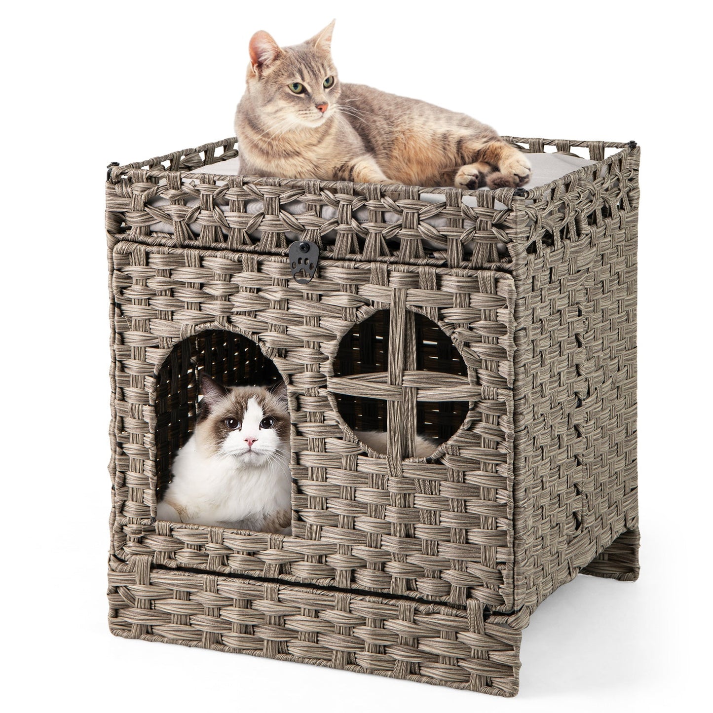 Cat Litter Box Enclosure 2-Tier Rattan Cabinet with Mat Gray - Detail Angle 3 | Majestic Pet Kingdom