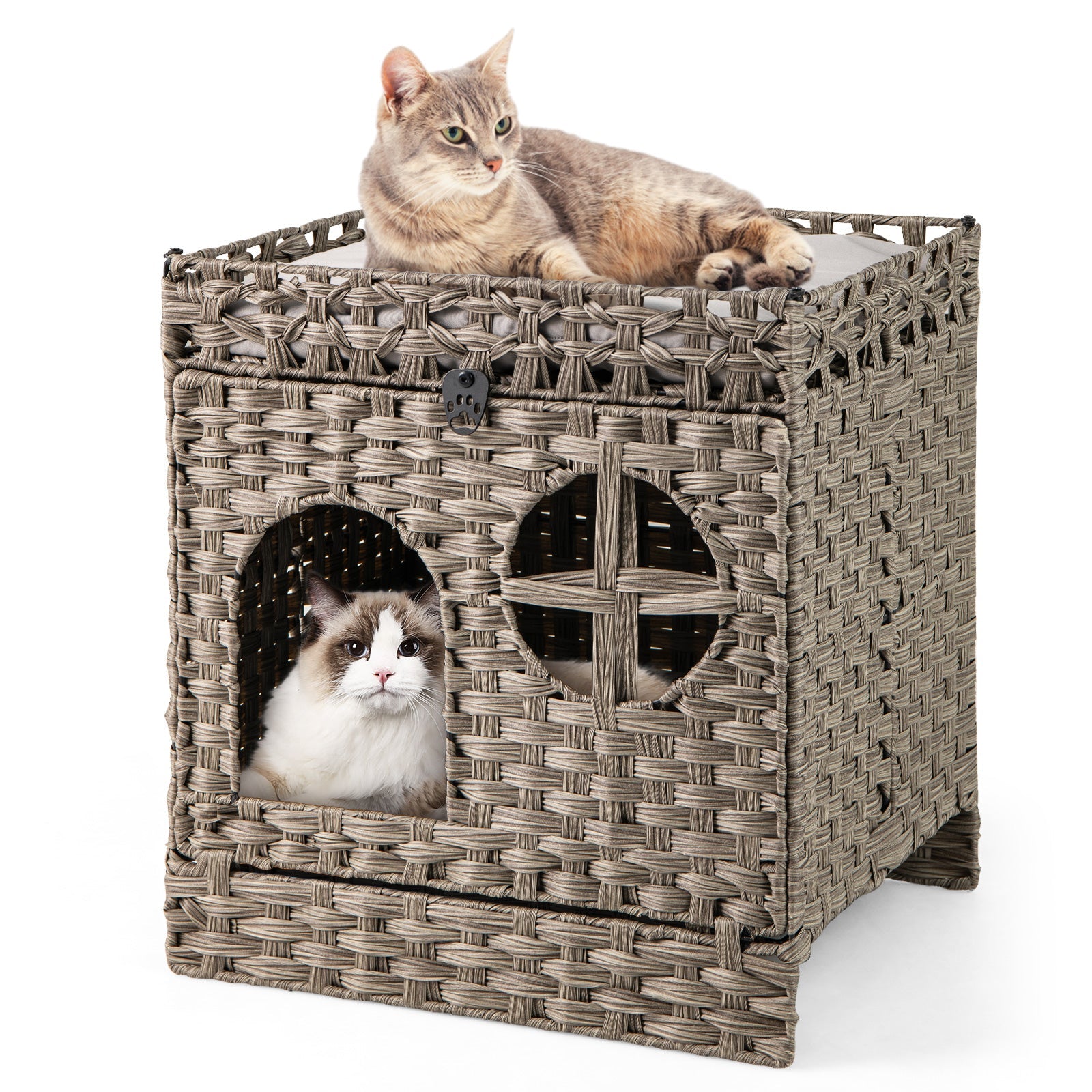 Cat Litter Box Enclosure 2-Tier Rattan Cabinet with Mat Gray - Detail Angle 3 | Majestic Pet Kingdom